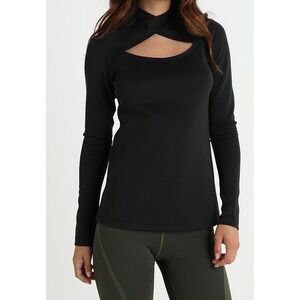 Nike Dri-FIT Cutout Crossover Mesh Mock Neck Long Sleeve Top Womens XL Black